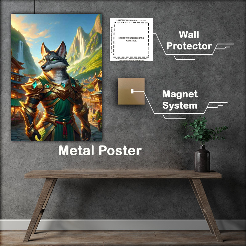 Buy Metal Poster : (Wolf warrior standing confidently in a mountain village)