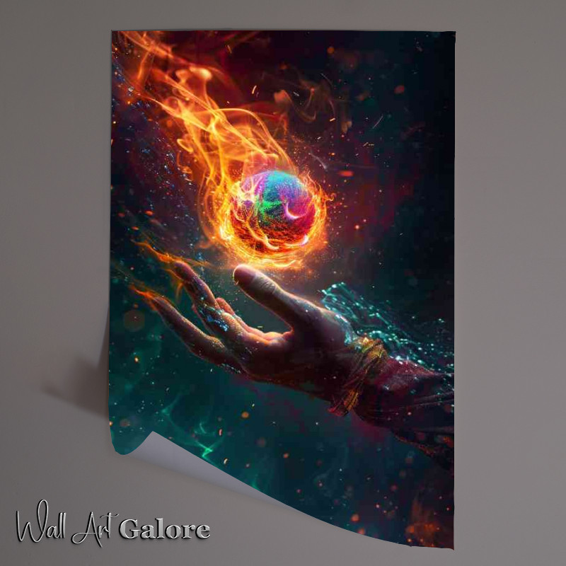Buy Unframed Poster : (Colorful fireball in the hand with flames)