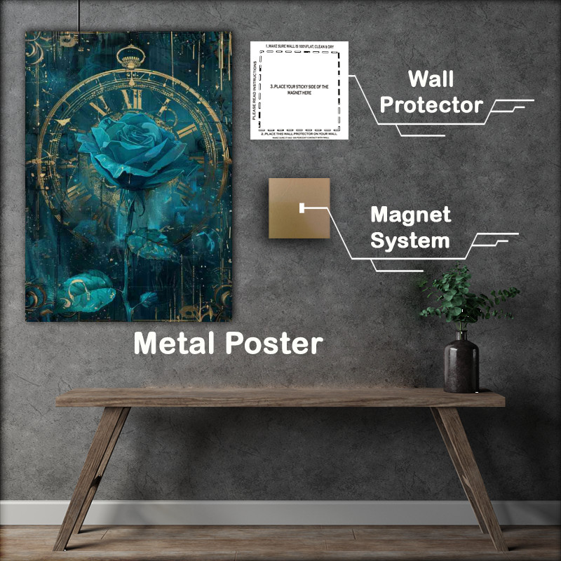 Buy Metal Poster : (The big clock and blue rose flower)