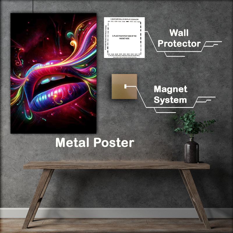 Buy Metal Poster : (lips parting in a burst of neon colors and abstract design)