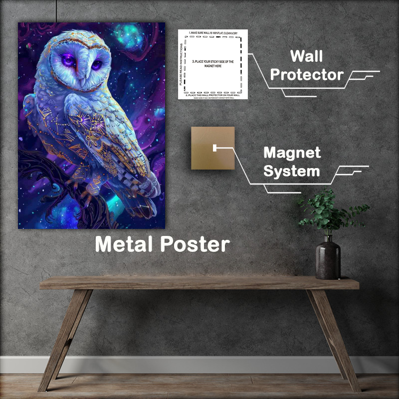 Buy Metal Poster : (A beautiful white owl with iridescent purple and blue)