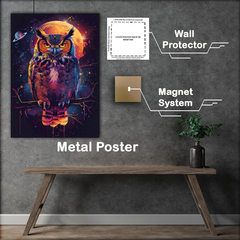 Buy Metal Poster : (Colourful Owl sitting in space enviroment)
