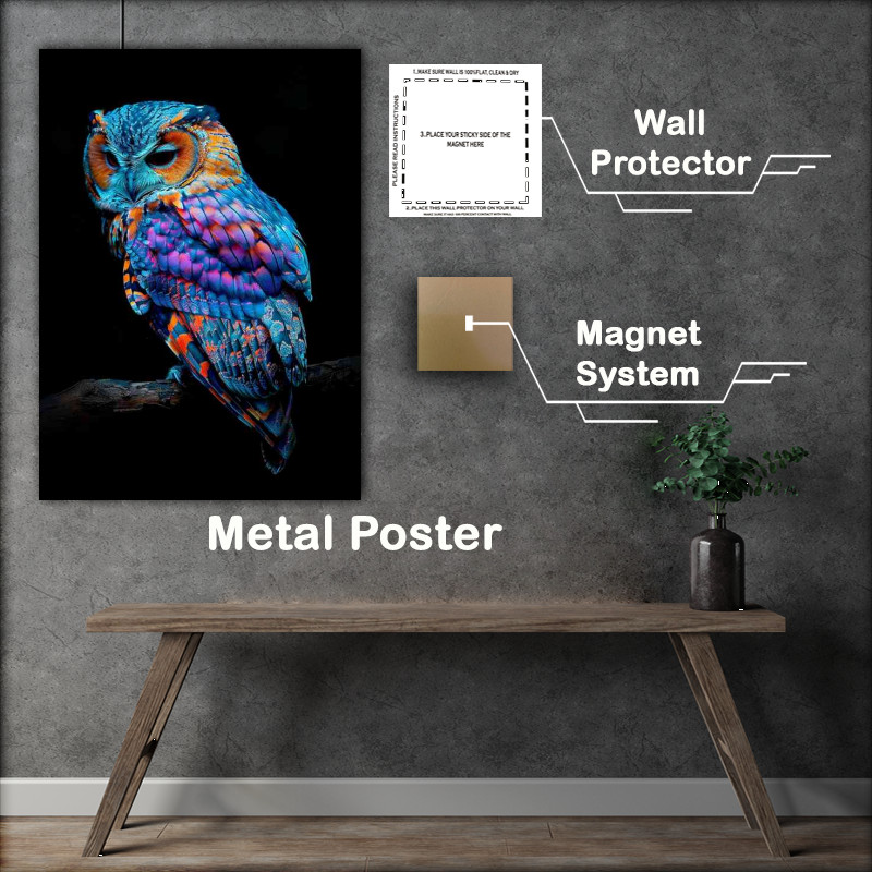 Buy Metal Poster : (Colourful blue and pruple Owl pearched)