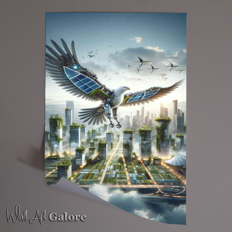 Buy Unframed Poster : (Eagle soaring above a futuristic cityscape)