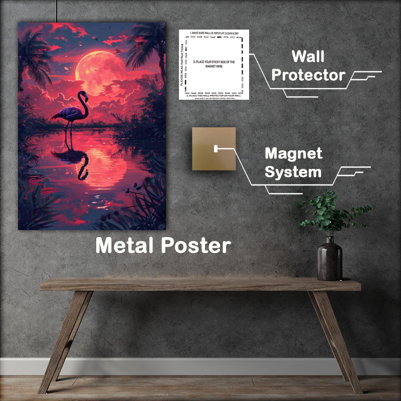 Buy Metal Poster : (Flamingo at night in the lake)