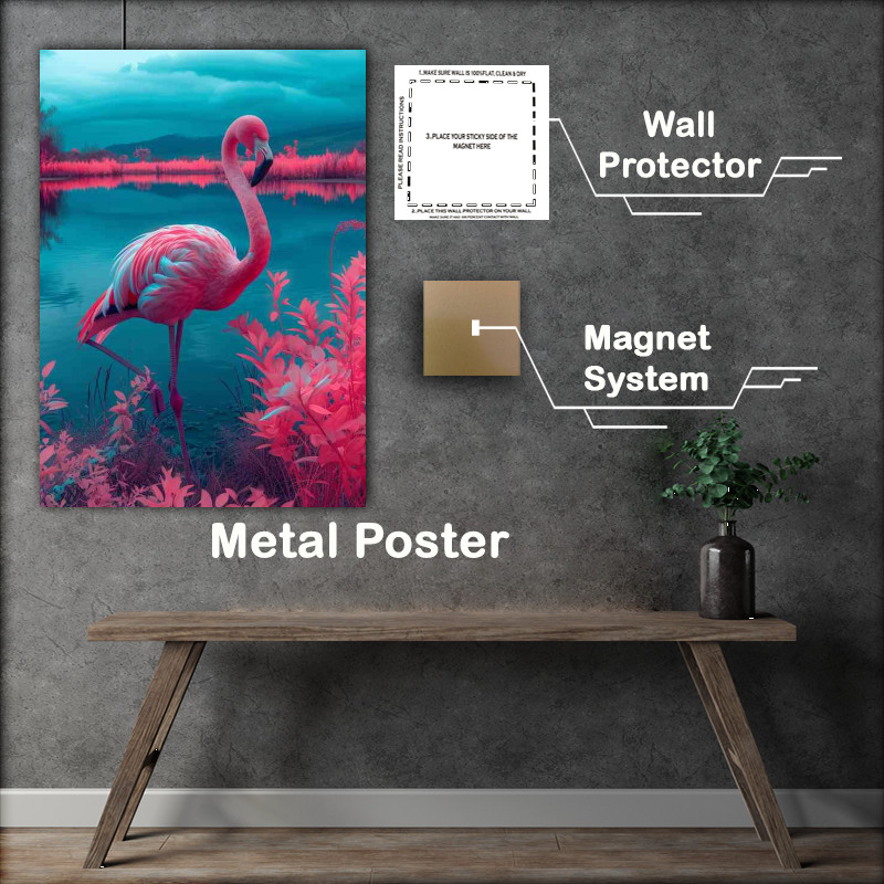 Buy Metal Poster : (Flamingo in a field by a lake neon)