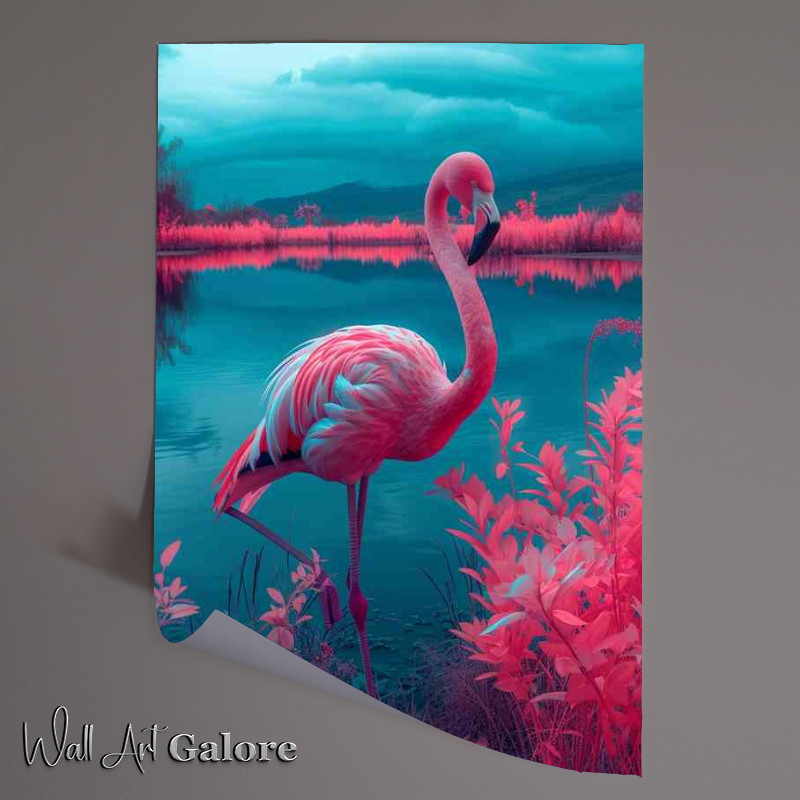 Buy Unframed Poster : (Flamingo in a field by a lake neon)