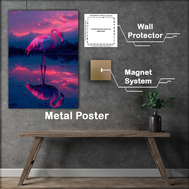 Buy Metal Poster : (Flamingo standing at the edge of the lake)
