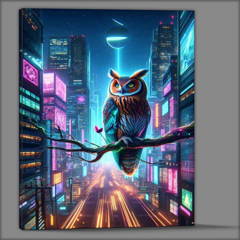 Buy Canvas : (Futuristic owl on a neon lit branch)