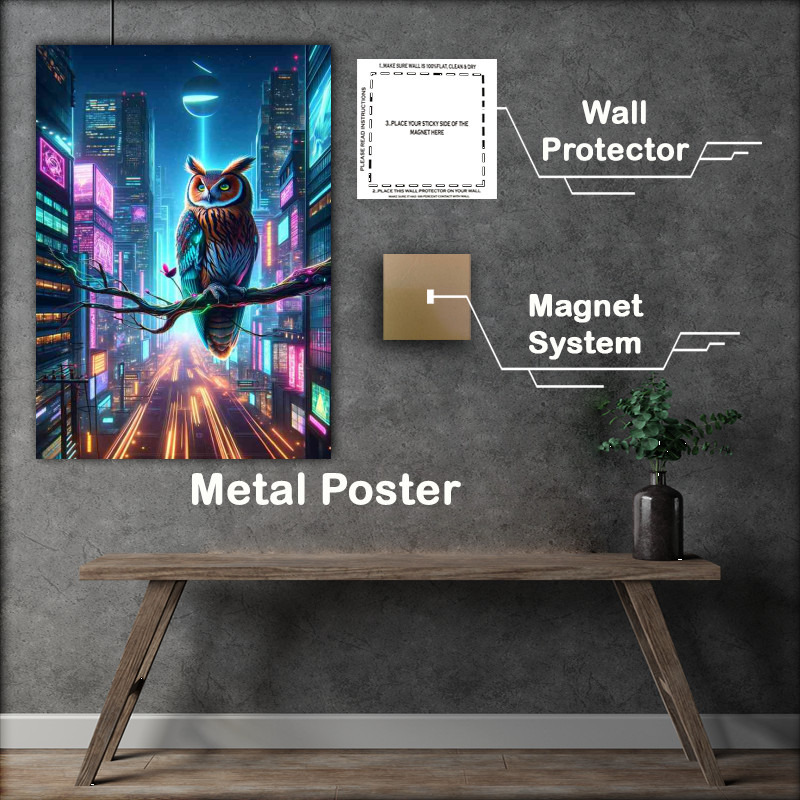 Buy Metal Poster : (Futuristic owl on a neon lit branch)