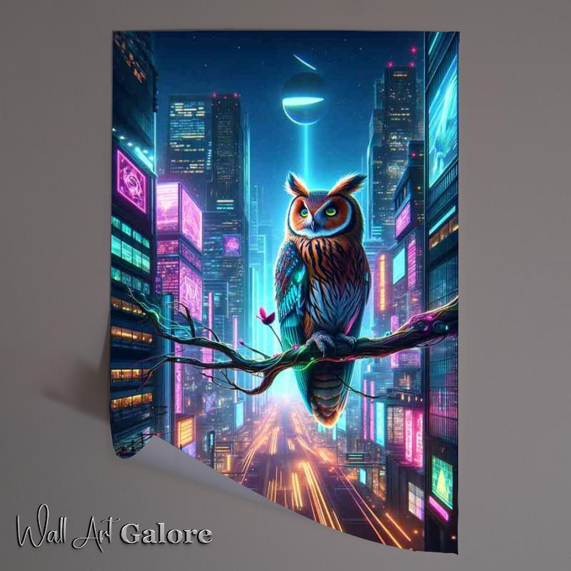 Buy Unframed Poster : (Futuristic owl on a neon lit branch)