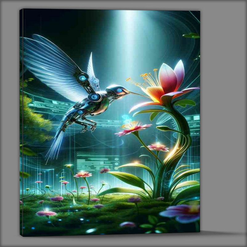 Buy Canvas : (Hummingbird collecting nectar from a tech flower)