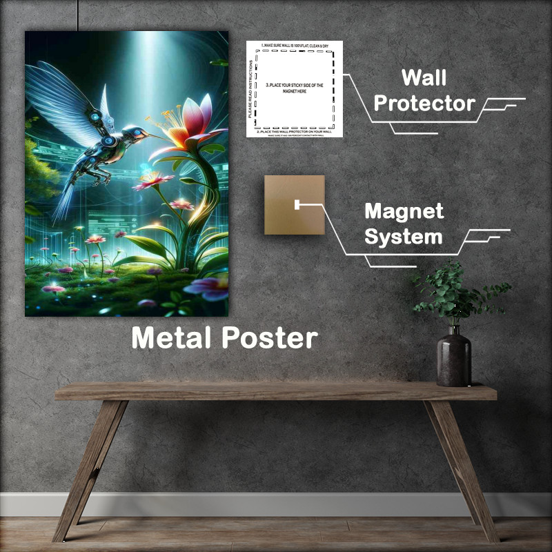 Buy Metal Poster : (Hummingbird collecting nectar from a tech flower)