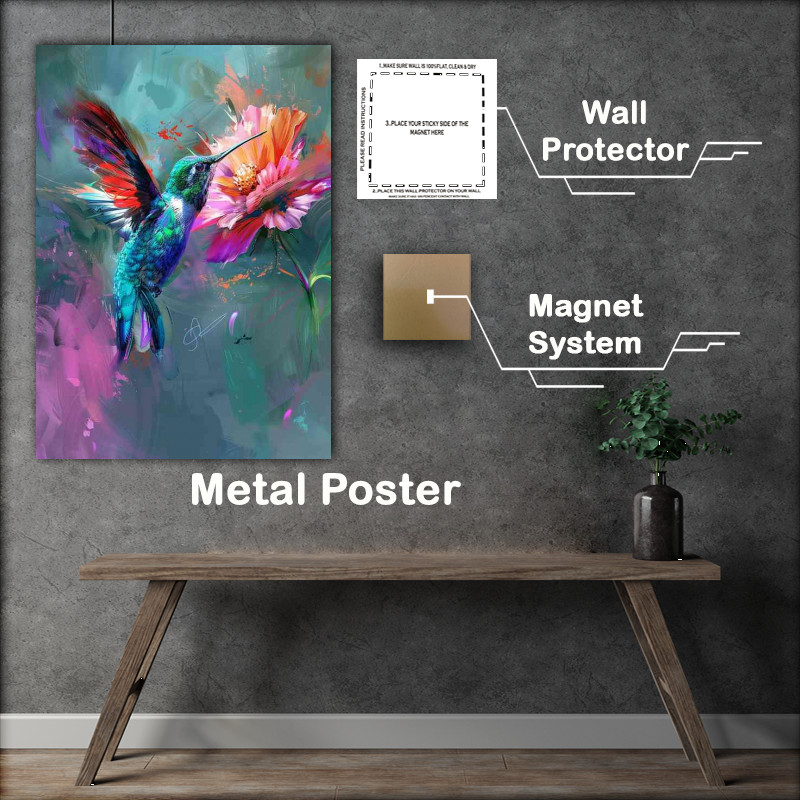 Buy Metal Poster : (Hummingbird with a flower colorful)
