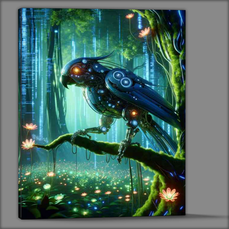 Buy Canvas : (Mechanical parrot perched on a glowing digital tree branch)
