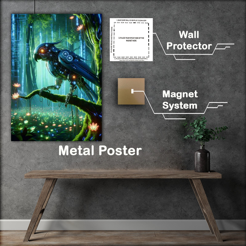 Buy Metal Poster : (Mechanical parrot perched on a glowing digital tree branch)