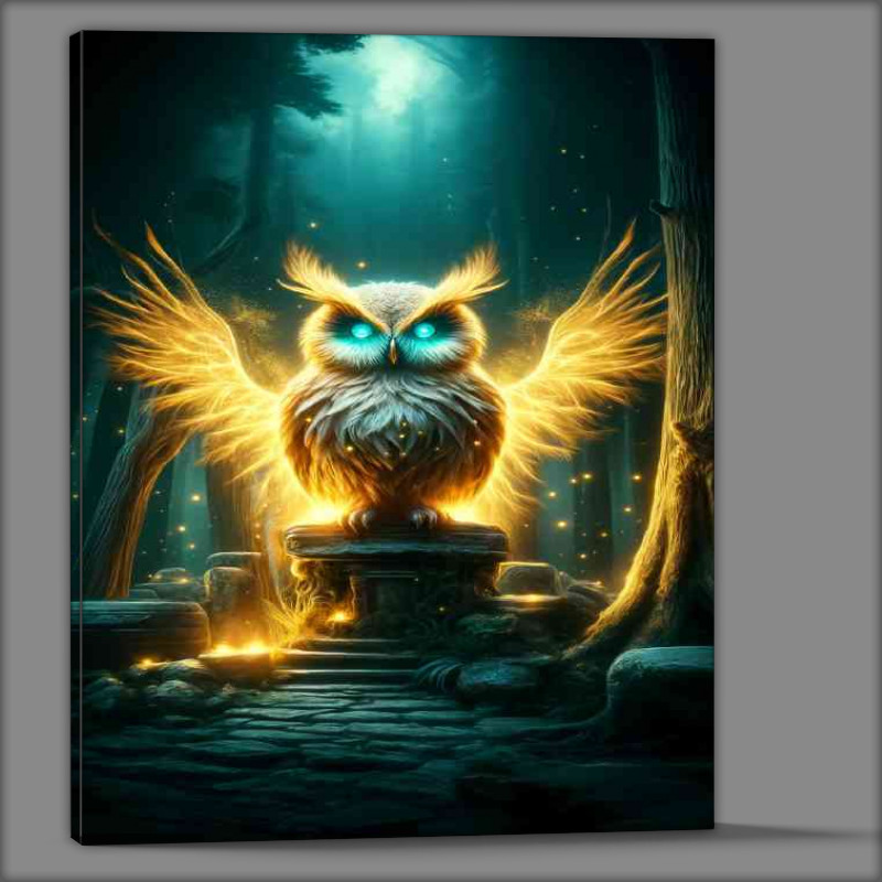 Buy Canvas : (Mythical Owl with glowing golden feathers perched in a twilight forest)