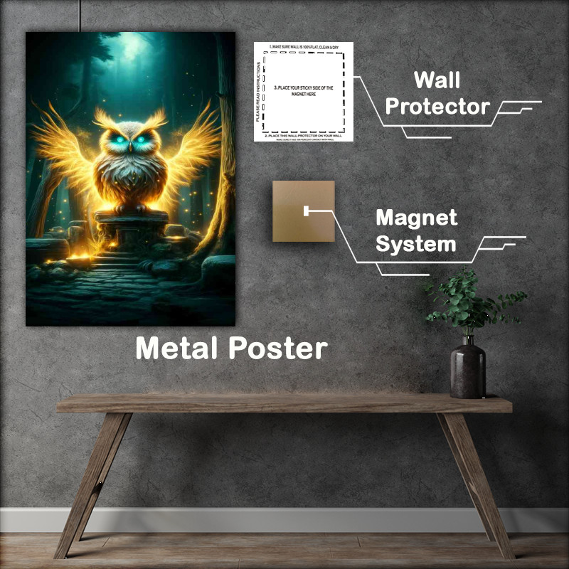 Buy Metal Poster : (Mythical Owl with glowing golden feathers perched in a twilight forest)