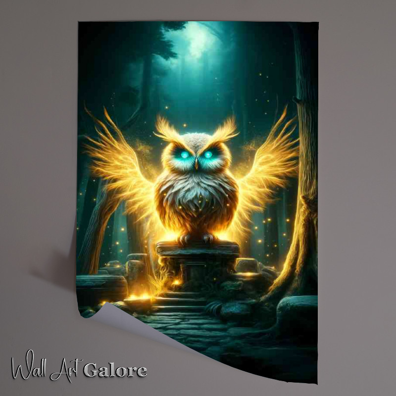 Buy Unframed Poster : (Mythical Owl with glowing golden feathers perched in a twilight forest)