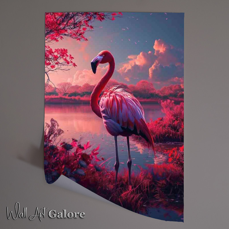 Buy Unframed Poster : (Neon flamingo by the lake)