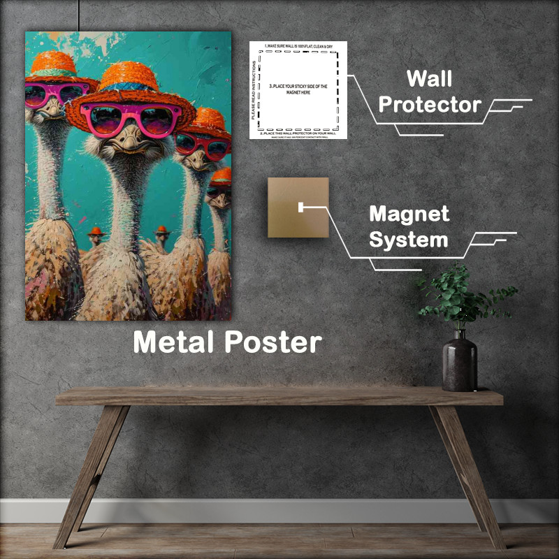 Buy Metal Poster : (Ostriches wearing sunglasses and hats)