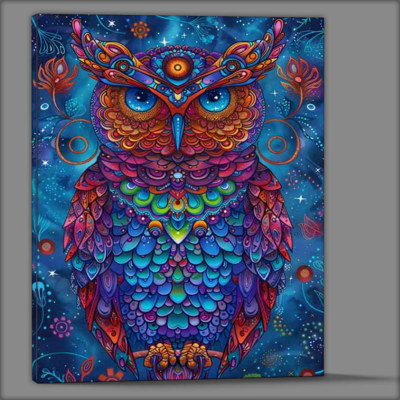 Buy Canvas : (Owl in blue purple and red with a starry background)