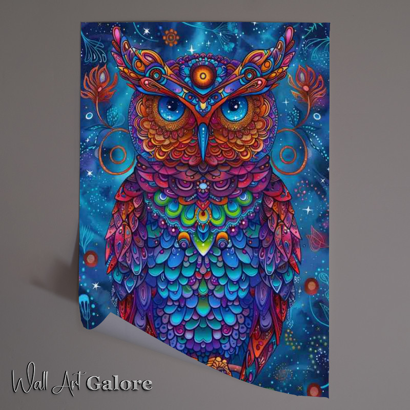 Buy Unframed Poster : (Owl in blue purple and red with a starry background)