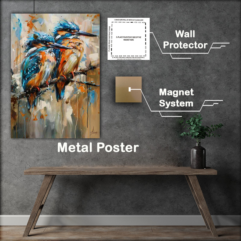 Buy Metal Poster : (Painted style of kingfishers on a perch branch)