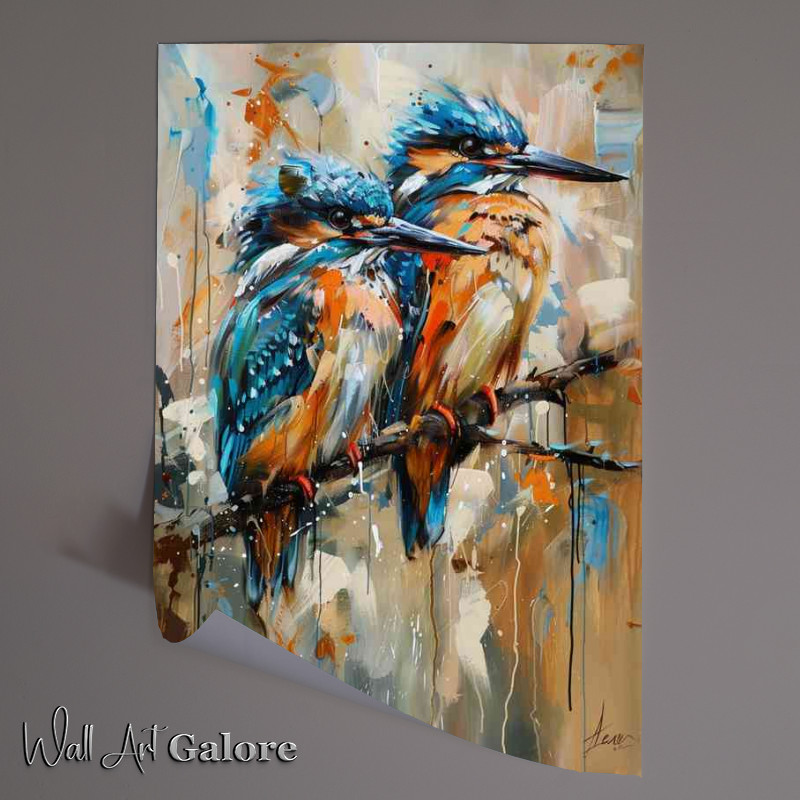 Buy Unframed Poster : (Painted style of kingfishers on a perch branch)