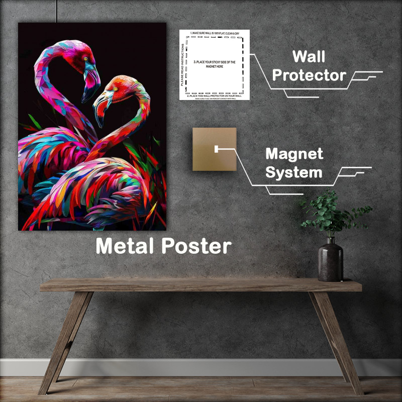 Buy Metal Poster : (Painting of two colorful flamingos)