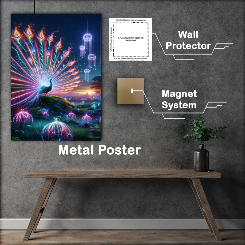 Buy Metal Poster : (Peacock displaying its feathers in a neon lit garden at dusk)