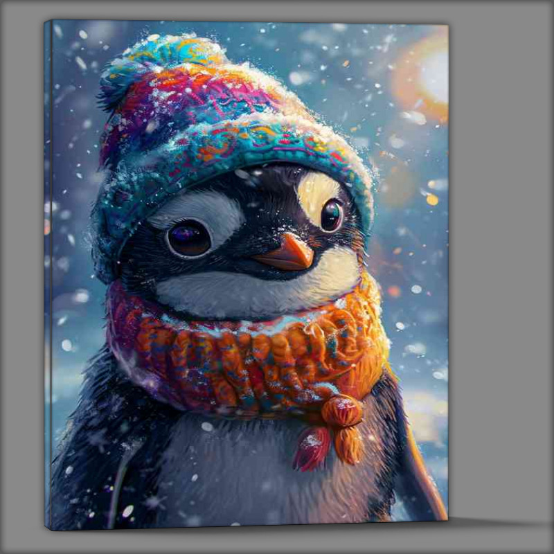 Buy Canvas : (Penguin wearing a colorful hat in the rain)