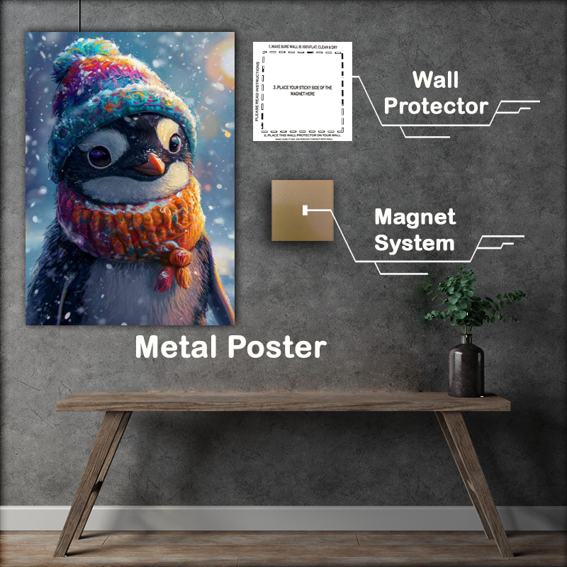 Buy Metal Poster : (Penguin wearing a colorful hat in the rain)