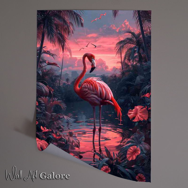 Buy Unframed Poster : (Pink flamongo with the setting sun)