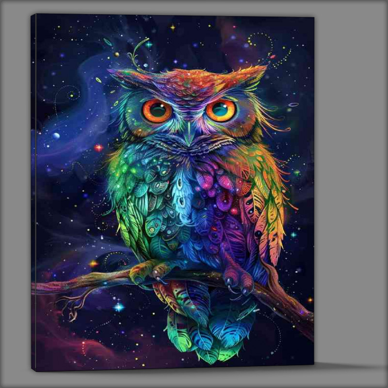 Buy Canvas : (Rainbow feathers iridescent colors sitting Owl)