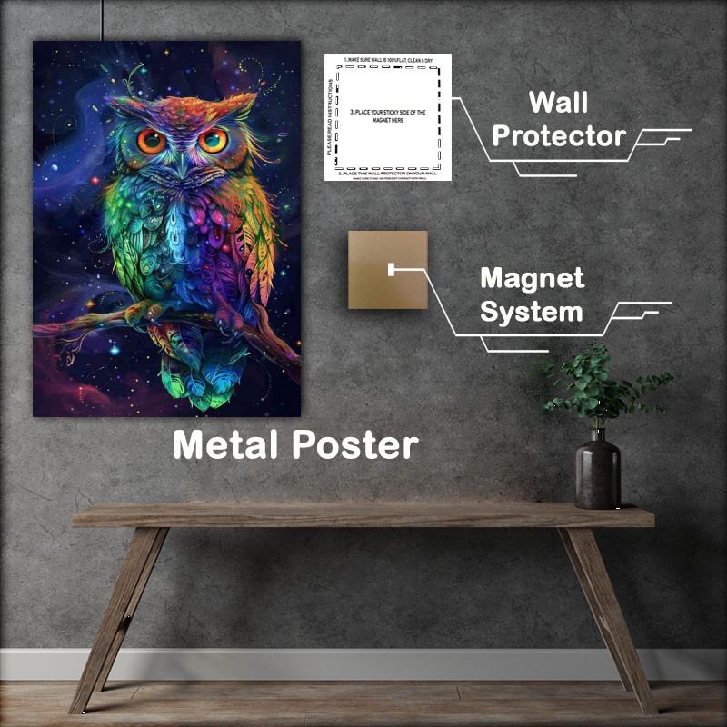 Buy Metal Poster : (Rainbow feathers iridescent colors sitting Owl)