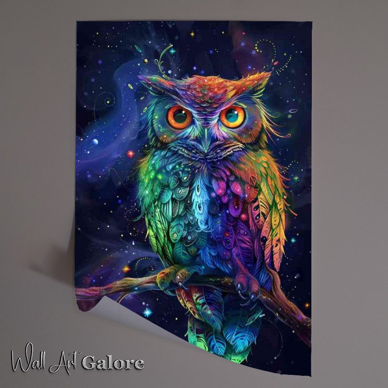 Buy Unframed Poster : (Rainbow feathers iridescent colors sitting Owl)