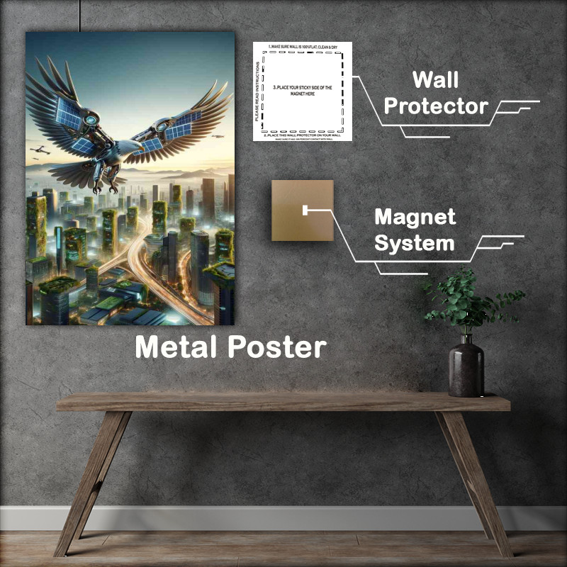 Buy Metal Poster : (Robotic eagle soaring above a futuristic cityscape)