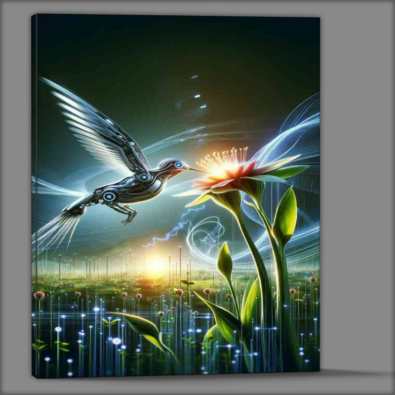 Buy Canvas : (Robotic hummingbird collecting nectar from a high tech flower)