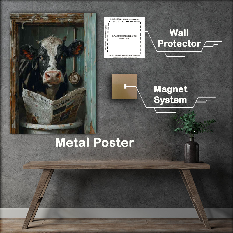 Buy Metal Poster : (A cow reading a newspaper in the bath street art)