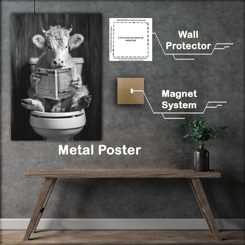 Buy Metal Poster : (A cow seated on a toilet reading a paper)