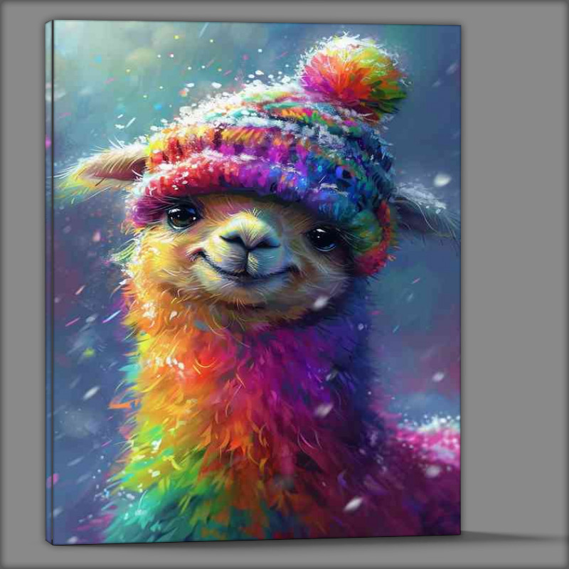 Buy Canvas : (A cute llama laughing in a rainbow hat)