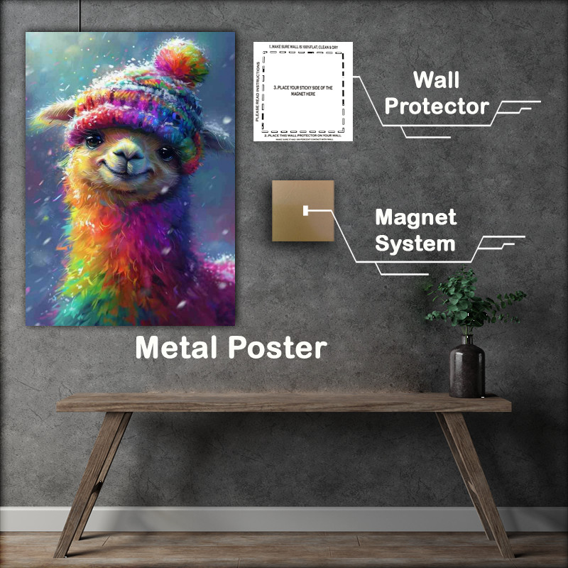 Buy Metal Poster : (A cute llama laughing in a rainbow hat)