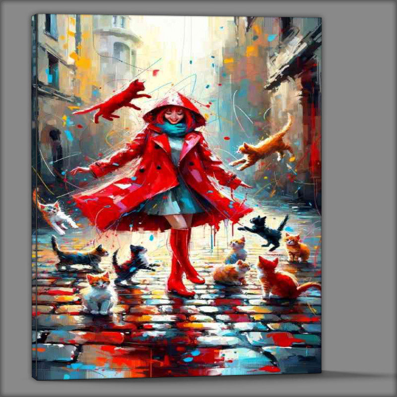 Buy Canvas : (A girl in a striking red raincoat and vibrant red boots)