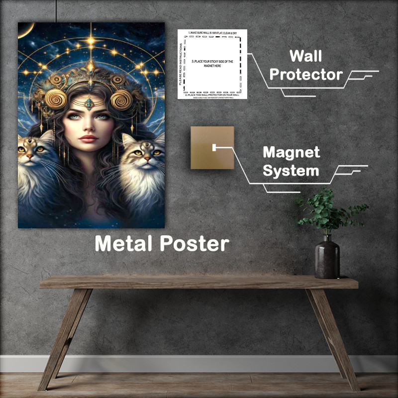 Buy Metal Poster : (A stunning woman with a thoughtful gaze with Cats)