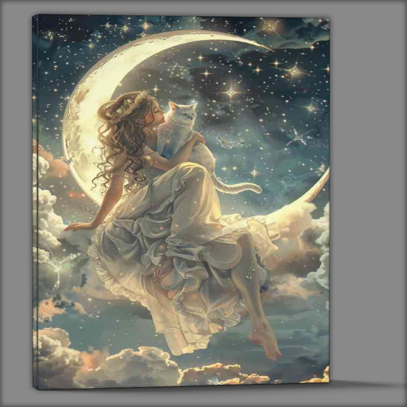 Buy Canvas : (A white Cat and woman with long hair sitting on the crescent)