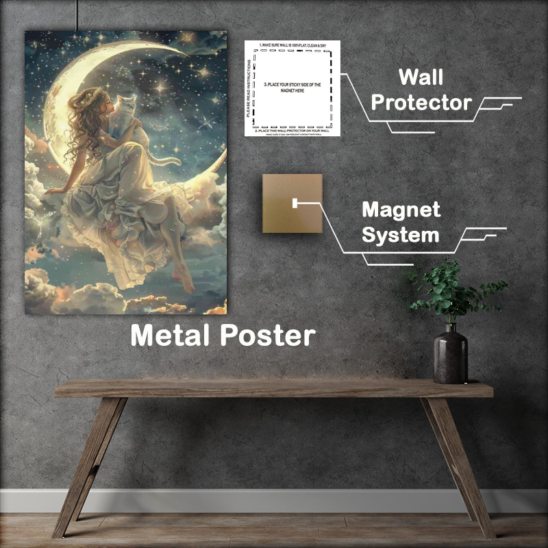 Buy Metal Poster : (A white Cat and woman with long hair sitting on the crescent)