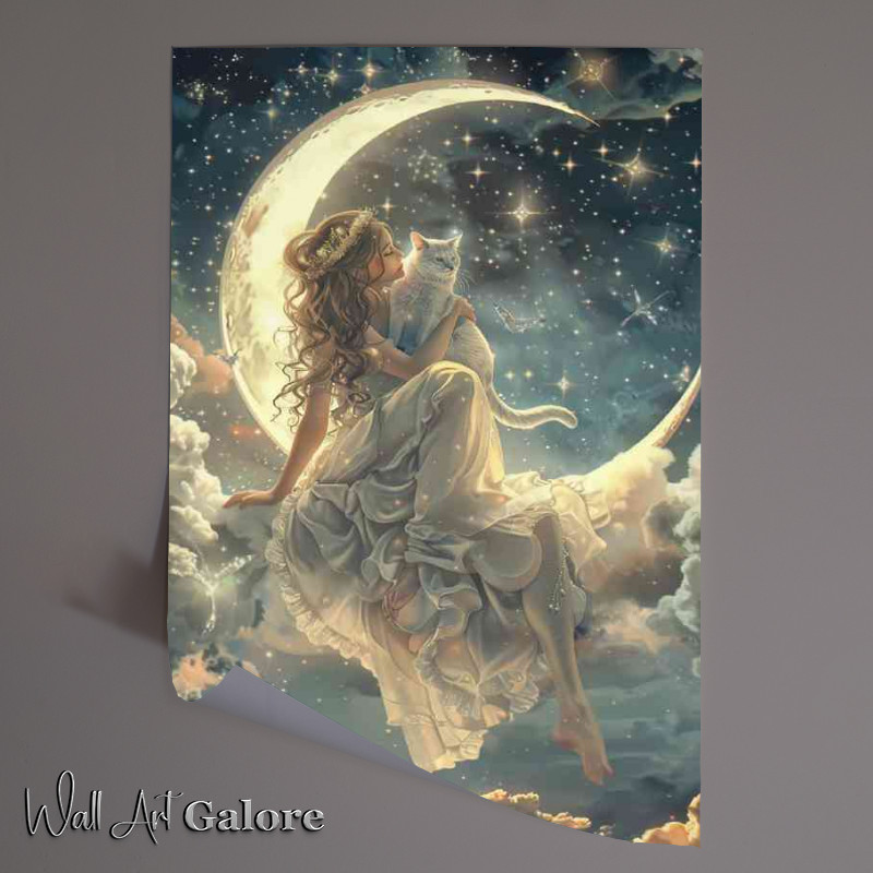 Buy Unframed Poster : (A white Cat and woman with long hair sitting on the crescent)