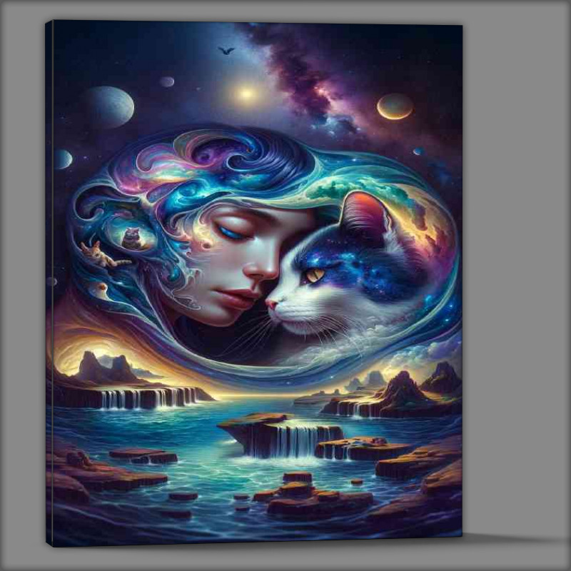 Buy Canvas : (A woman and a cat oceans with waves)
