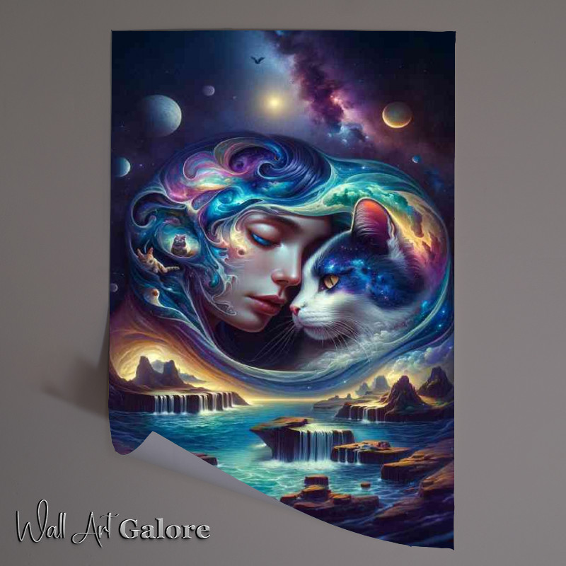 Buy Unframed Poster : (A woman and a cat oceans with waves)
